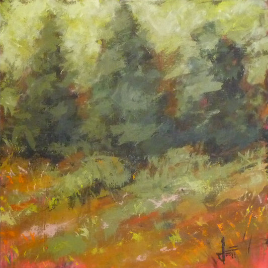 An abstracted painting of the edge of an evergreen forest.