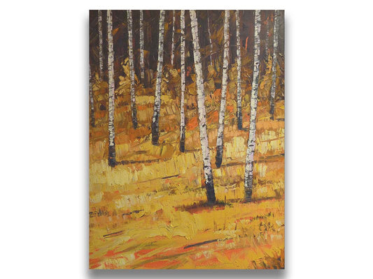 A painting of a birch forest during autumn. Yellow and orange grasses compliment the browns of the birch trees and background. Printed on canvas.