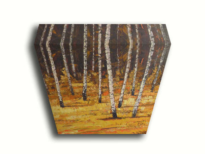 A painting of a birch forest during autumn. Yellow and orange grasses compliment the browns of the birch trees and background. Printed on canvas.