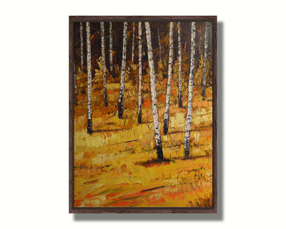 A painting of a birch forest during autumn. Yellow and orange grasses compliment the browns of the birch trees and background. Printed on canvas in a float frame.