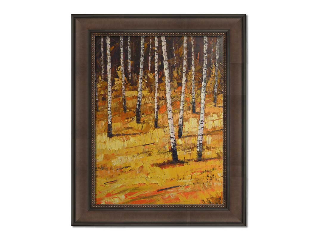 A painting of a birch forest during autumn. Yellow and orange grasses compliment the browns of the birch trees and background. Printed on canvas and framed.