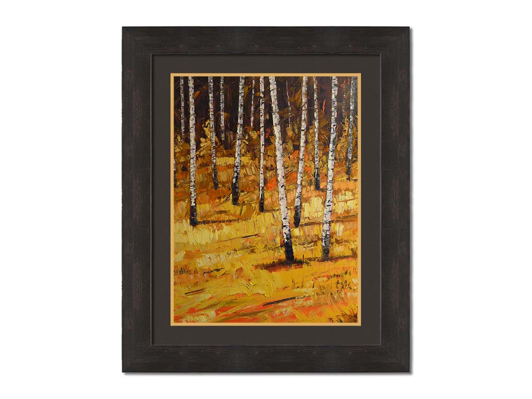 A painting of a birch forest during autumn. Yellow and orange grasses compliment the browns of the birch trees and background. Printed on paper, matted, and framed.