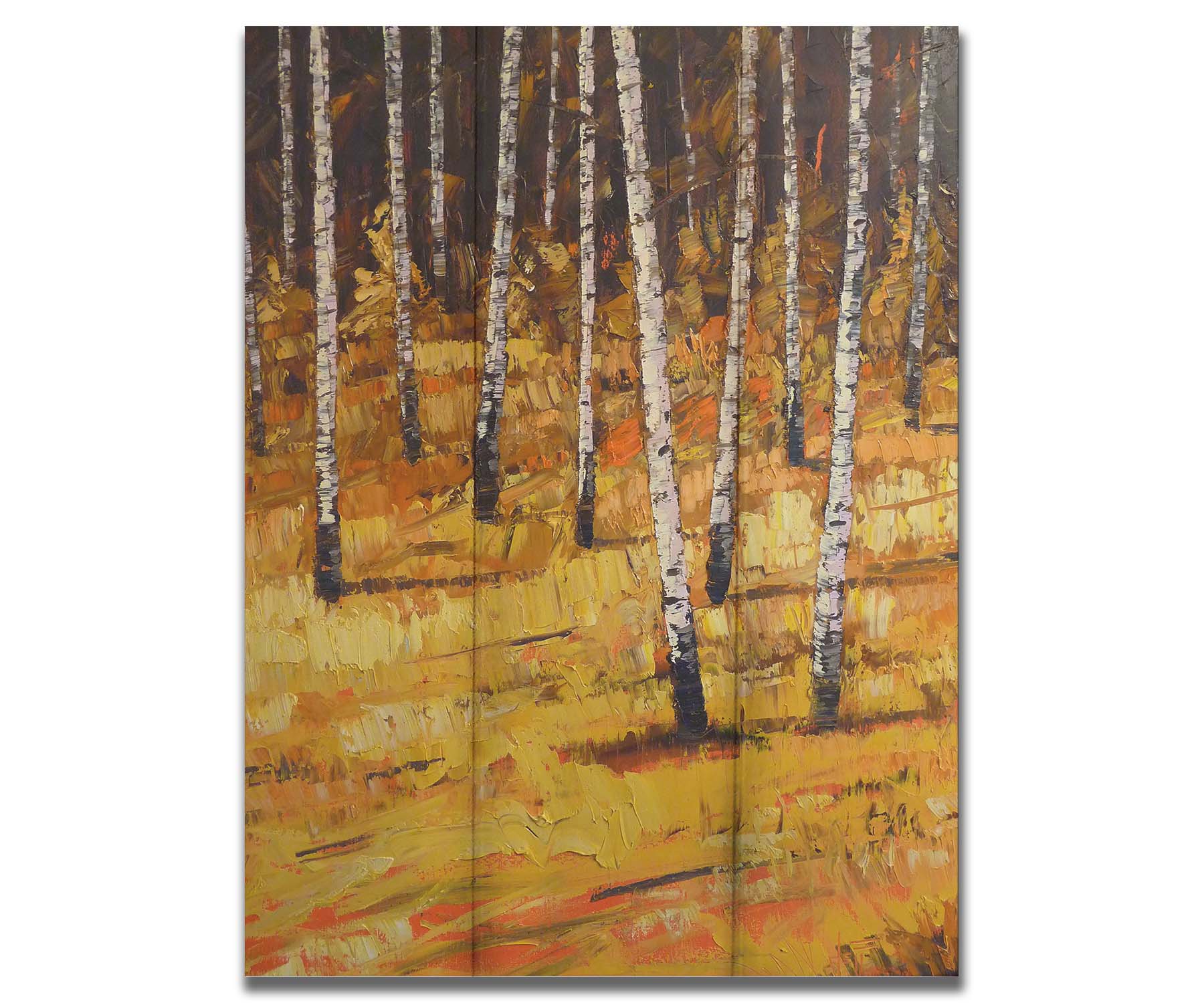 A painting of a birch forest during autumn. Yellow and orange grasses compliment the browns of the birch trees and background. Printed on a box board.