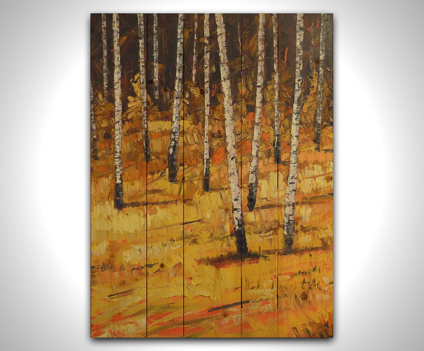 A painting of a birch forest during autumn. Yellow and orange grasses compliment the browns of the birch trees and background. Printed on a wood pallet.