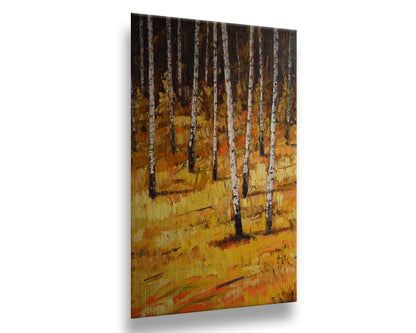 A painting of a birch forest during autumn. Yellow and orange grasses compliment the browns of the birch trees and background. Printed on metal.