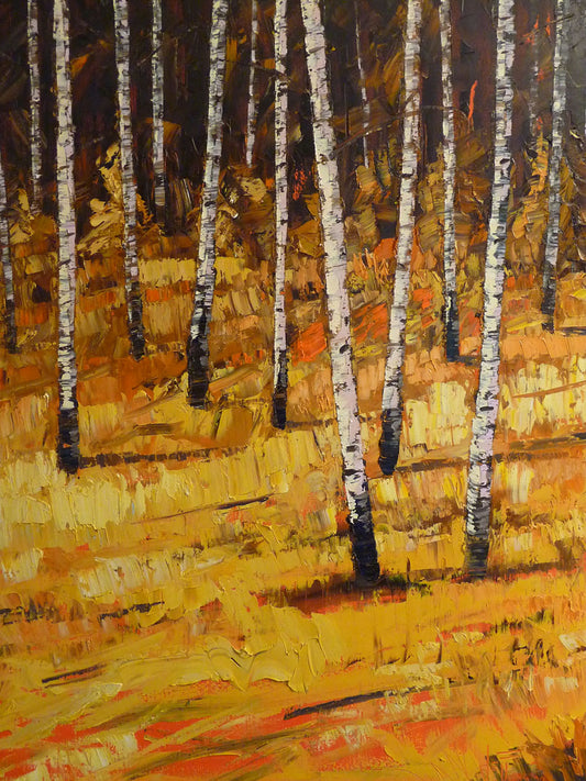 A painting of a birch forest during autumn. Yellow and orange grasses compliment the browns of the birch trees and background. 