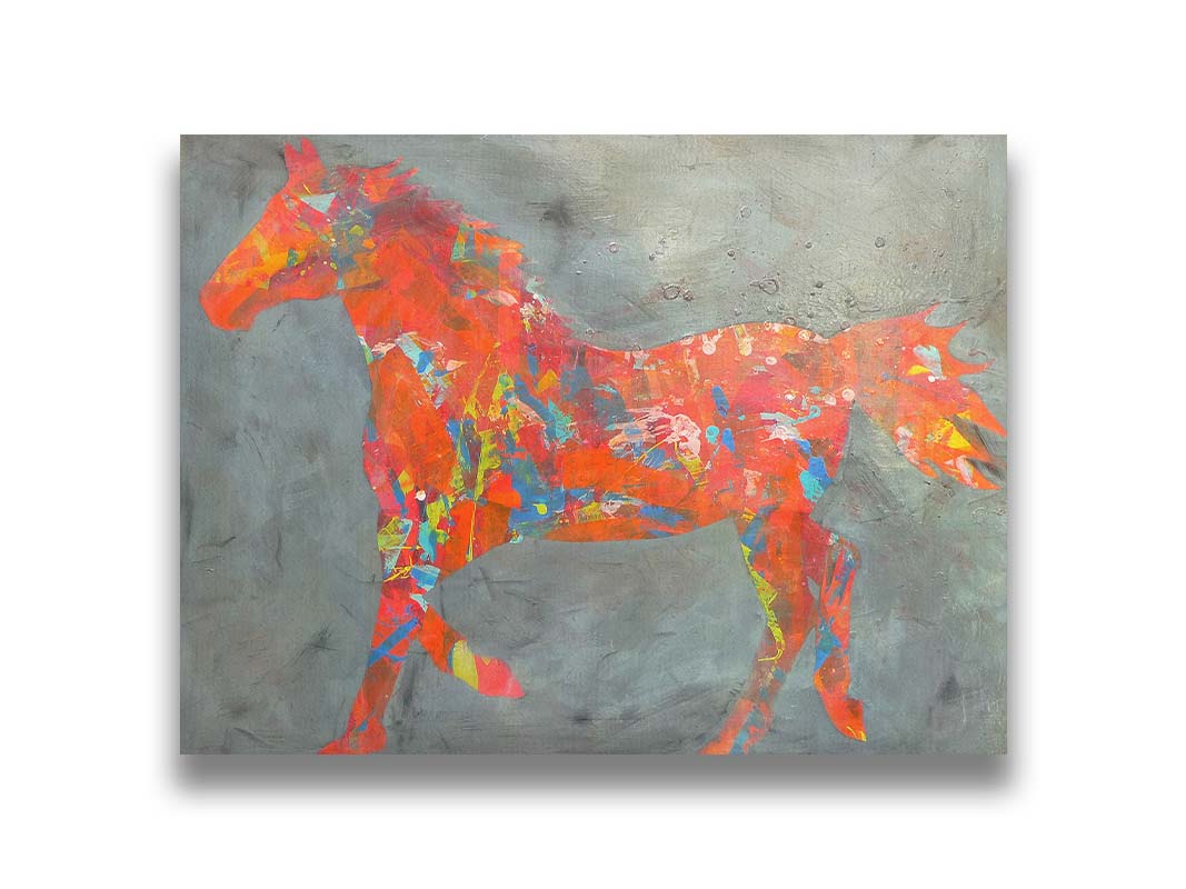 A painting of colorful patterns forming the silhouette of a horse in orange, red, blue, and yellow, against a gray background. Printed on canvas.