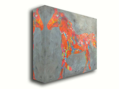 A painting of colorful patterns forming the silhouette of a horse in orange, red, blue, and yellow, against a gray background. Printed on canvas.