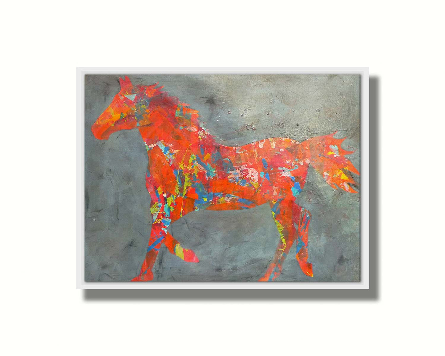 A painting of colorful patterns forming the silhouette of a horse in orange, red, blue, and yellow, against a gray background. Printed on canvas in a float frame.