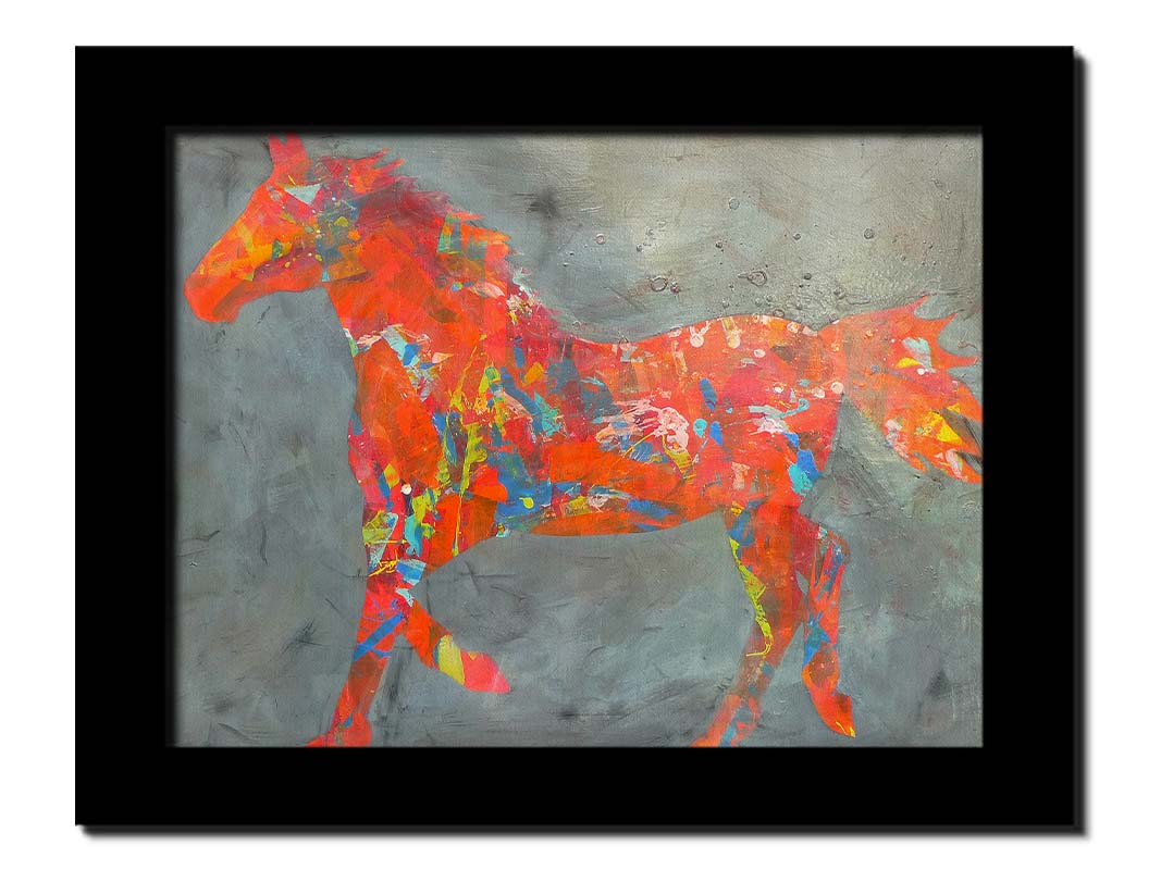 A painting of colorful patterns forming the silhouette of a horse in orange, red, blue, and yellow, against a gray background. Printed on canvas and framed.