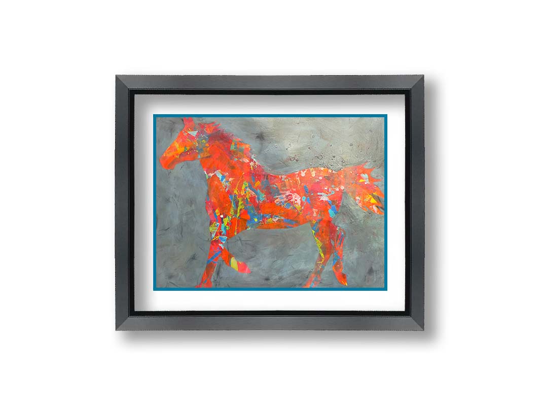 A painting of colorful patterns forming the silhouette of a horse in orange, red, blue, and yellow, against a gray background. Printed on paper, matted, and framed.