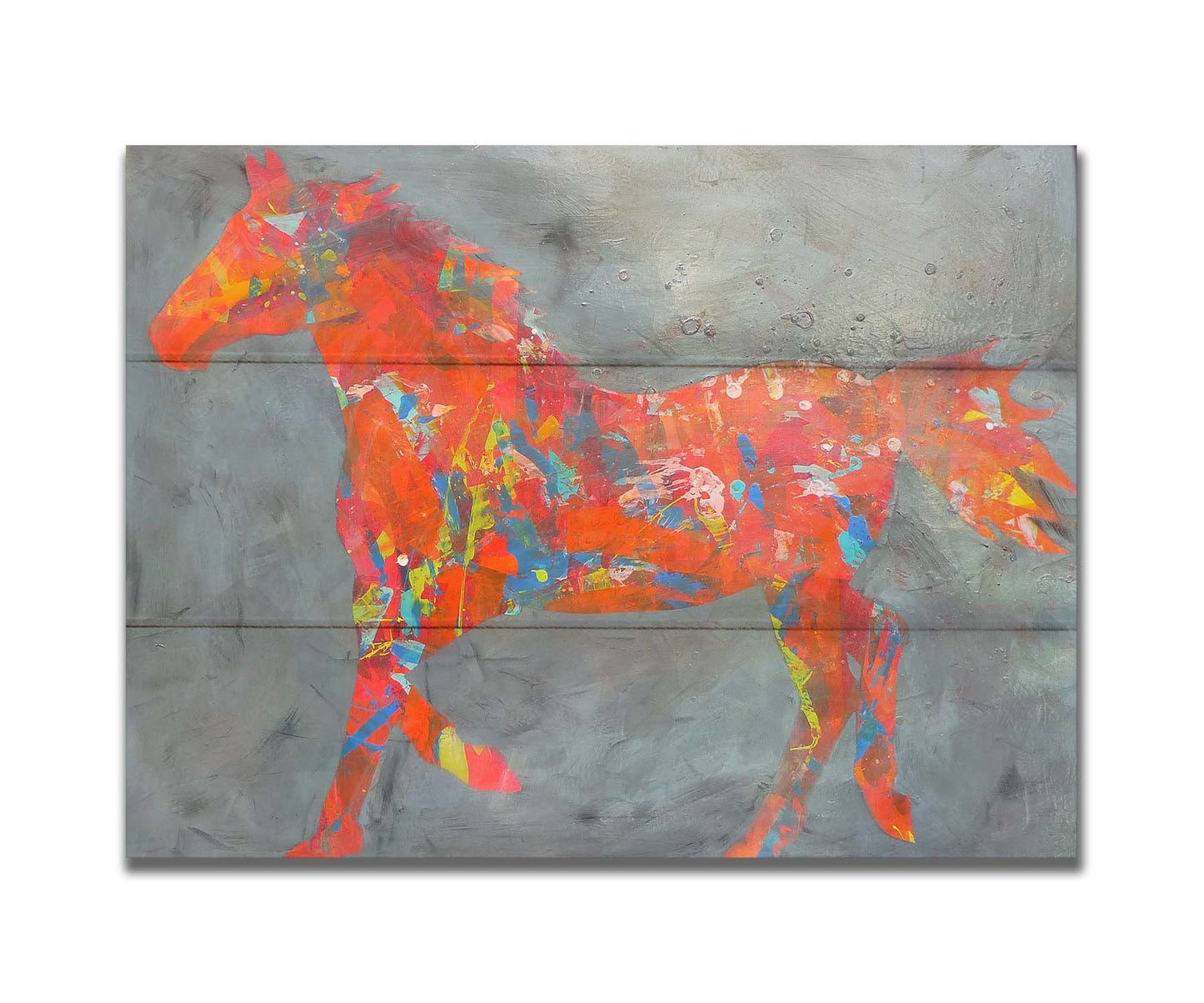 A painting of colorful patterns forming the silhouette of a horse in orange, red, blue, and yellow, against a gray background. Printed on a box board.