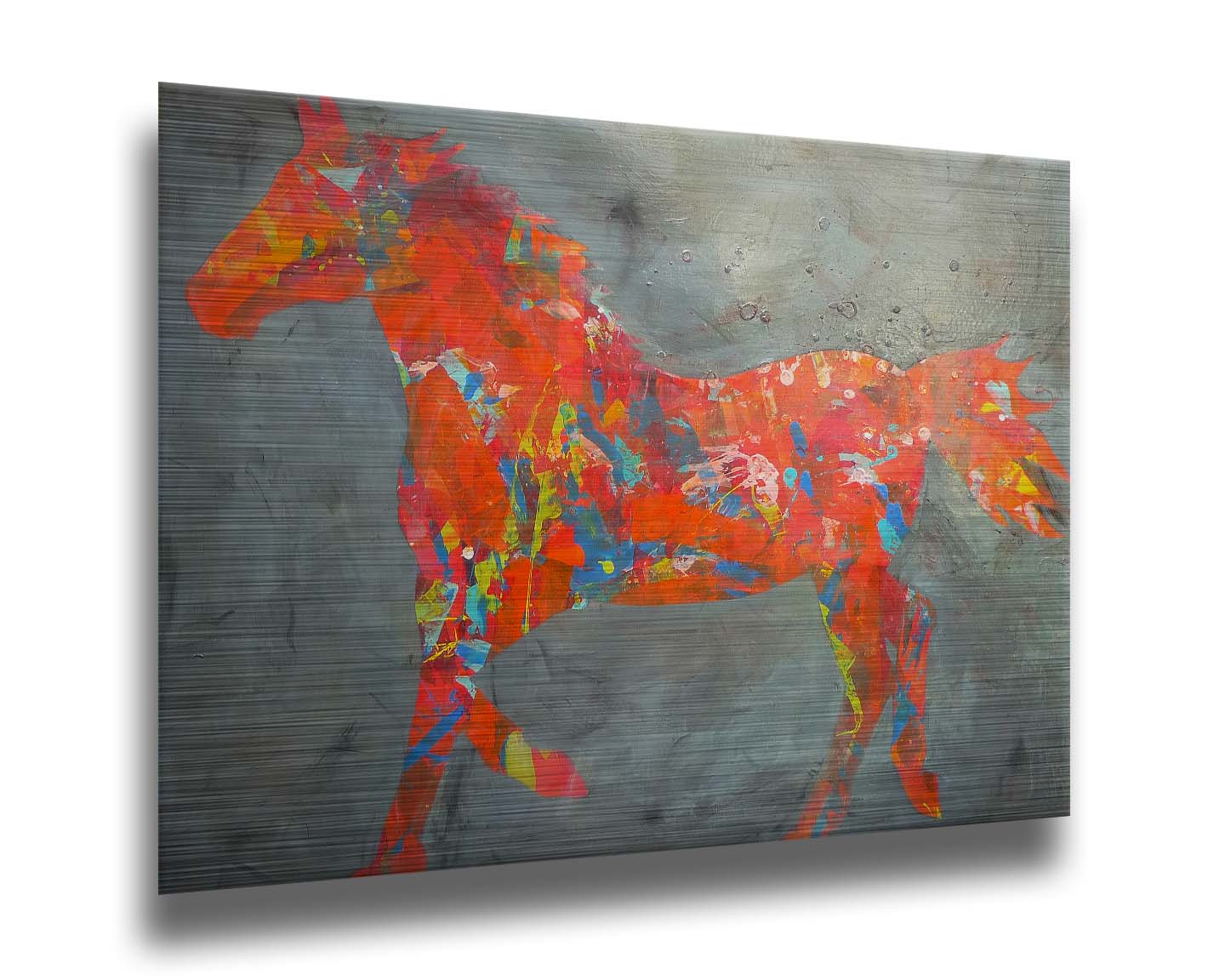 A painting of colorful patterns forming the silhouette of a horse in orange, red, blue, and yellow, against a gray background. Printed on metal.