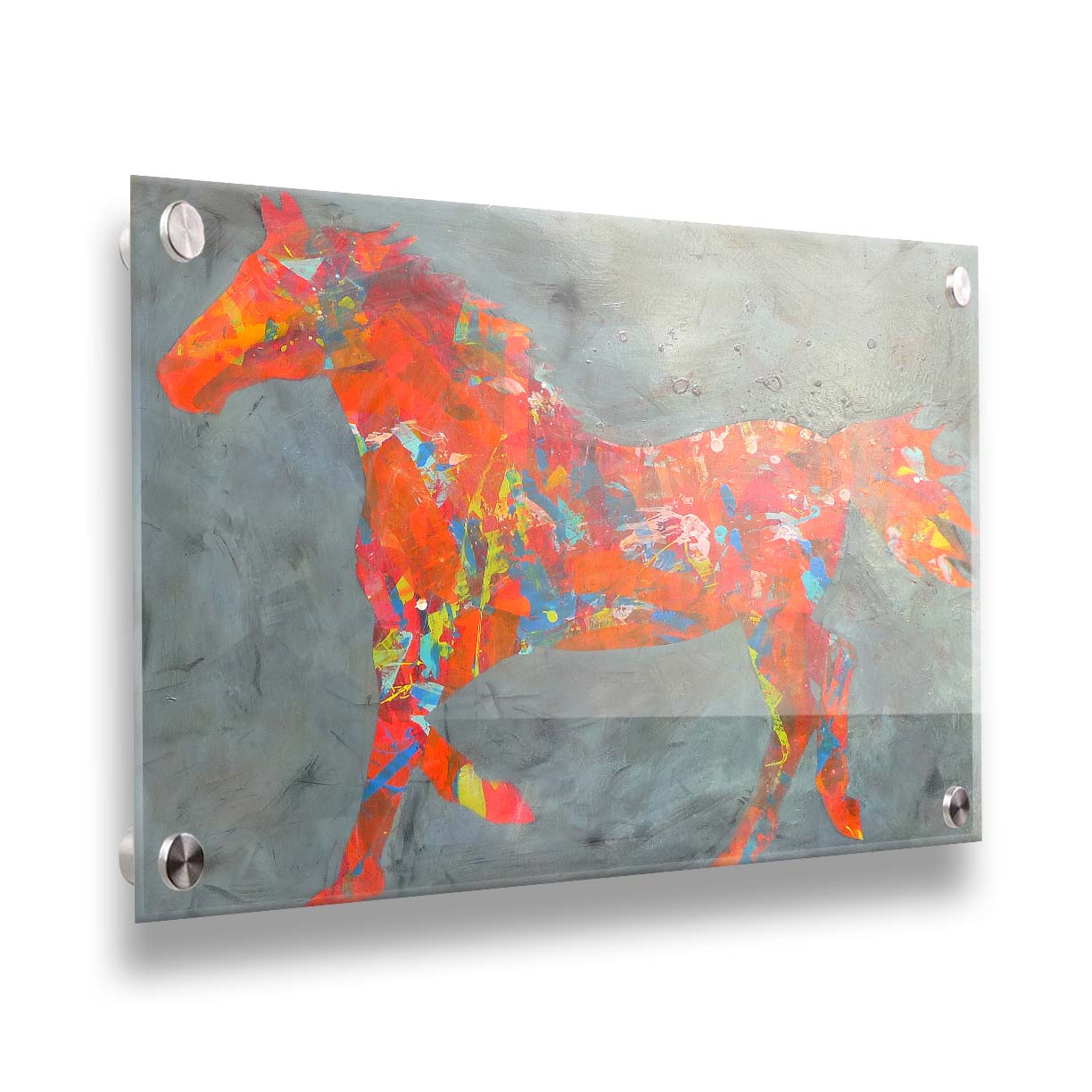 A painting of colorful patterns forming the silhouette of a horse in orange, red, blue, and yellow, against a gray background. Printed on acrylic.