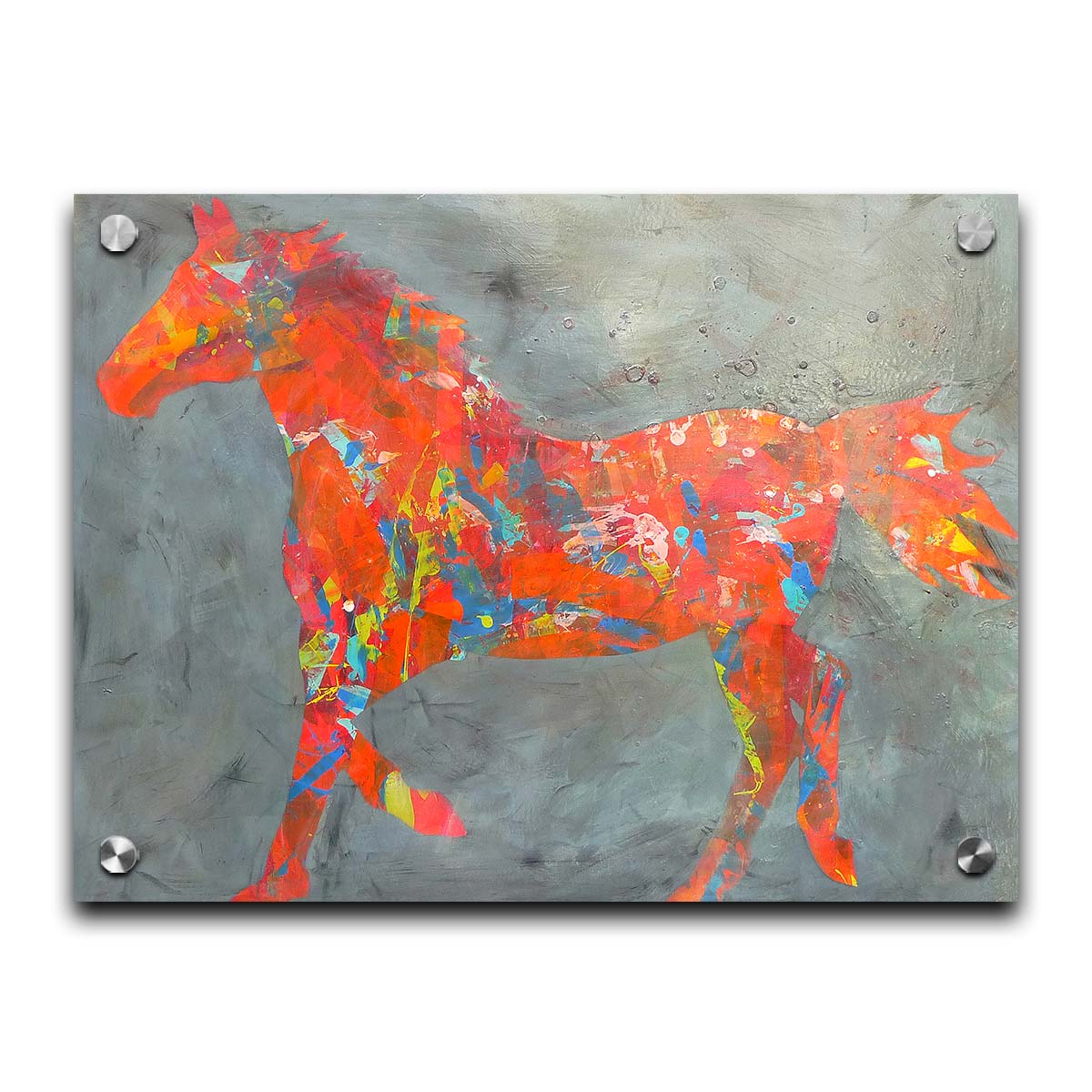 A painting of colorful patterns forming the silhouette of a horse in orange, red, blue, and yellow, against a gray background. Printed on acrylic.