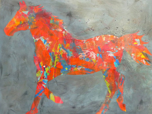 A painting of colorful patterns forming the silhouette of a horse in orange, red, blue, and yellow, against a gray background. 