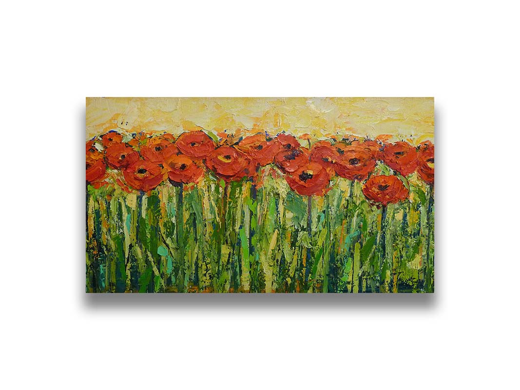 A painting of a field of red flowers, created with visible brushstrokes and thick layers of paint to add movement and texture to the piece. Printed on canvas.