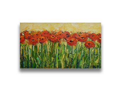 A painting of a field of red flowers, created with visible brushstrokes and thick layers of paint to add movement and texture to the piece. Printed on canvas.