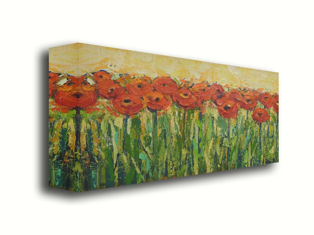 A painting of a field of red flowers, created with visible brushstrokes and thick layers of paint to add movement and texture to the piece. Printed on canvas.