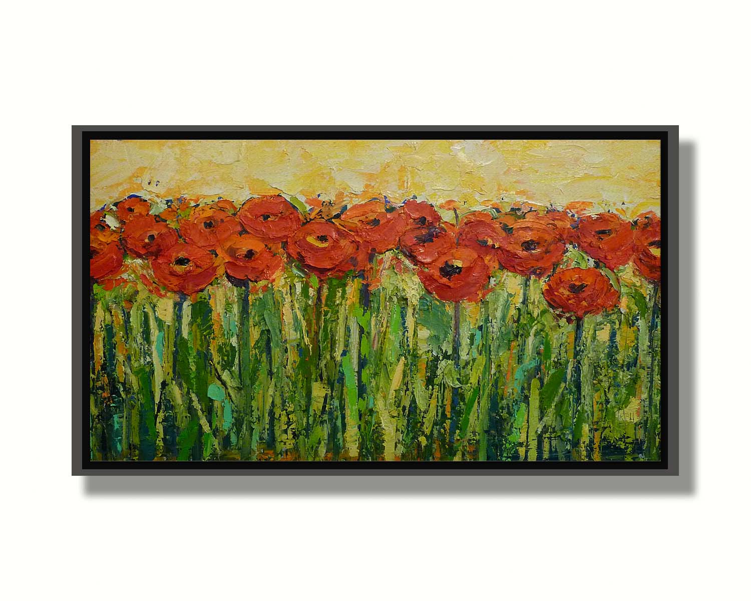 A painting of a field of red flowers, created with visible brushstrokes and thick layers of paint to add movement and texture to the piece. Printed on canvas in a float frame.