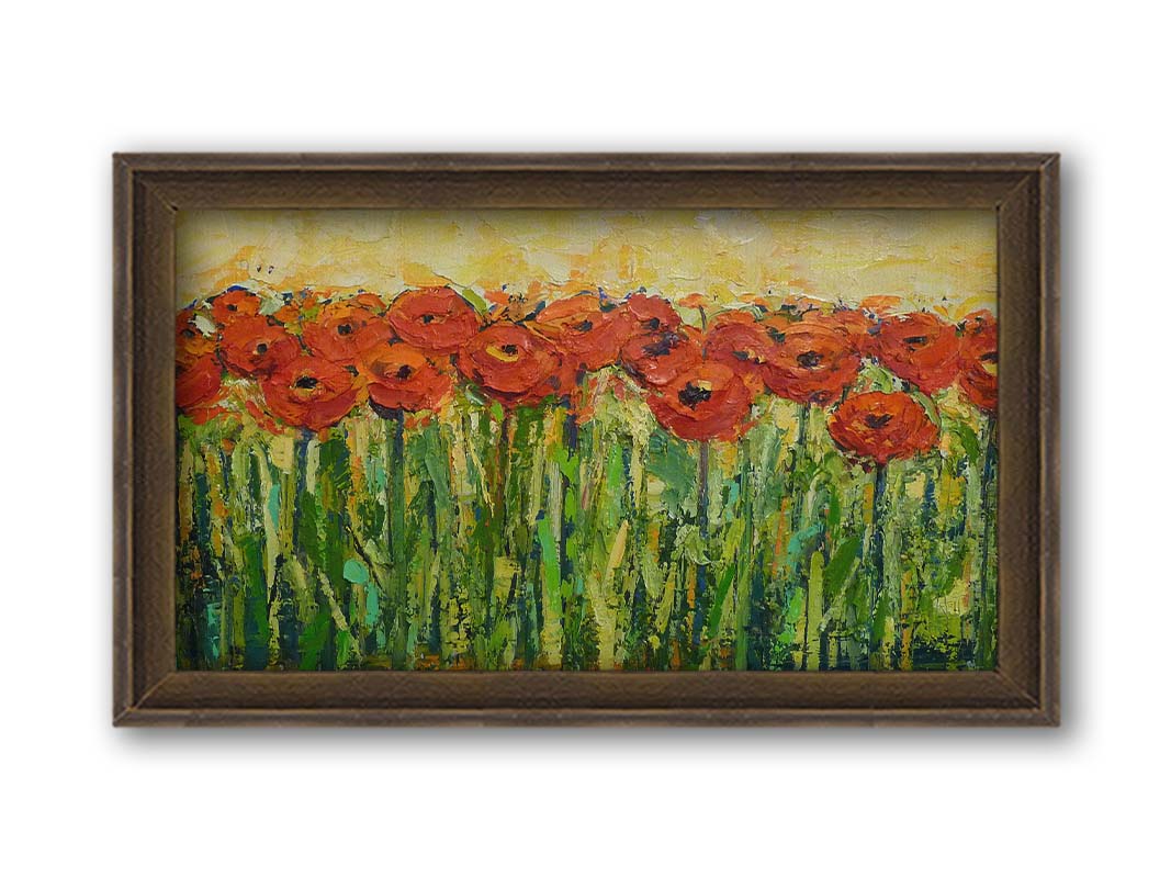 A painting of a field of red flowers, created with visible brushstrokes and thick layers of paint to add movement and texture to the piece. Printed on canvas and framed.