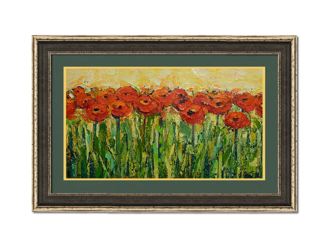 A painting of a field of red flowers, created with visible brushstrokes and thick layers of paint to add movement and texture to the piece. Printed on paper, matted, and framed.