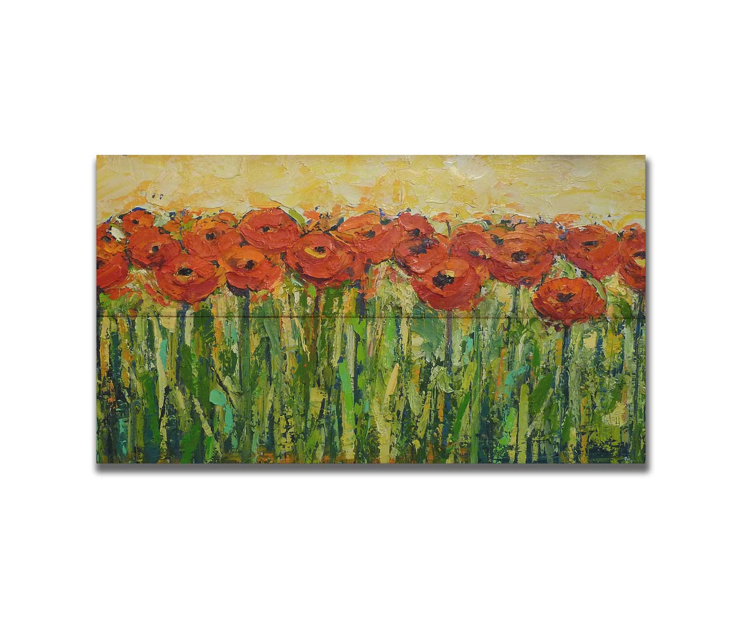 A painting of a field of red flowers, created with visible brushstrokes and thick layers of paint to add movement and texture to the piece. Printed on a box board.