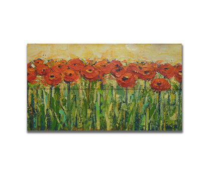 A painting of a field of red flowers, created with visible brushstrokes and thick layers of paint to add movement and texture to the piece. Printed on a box board.