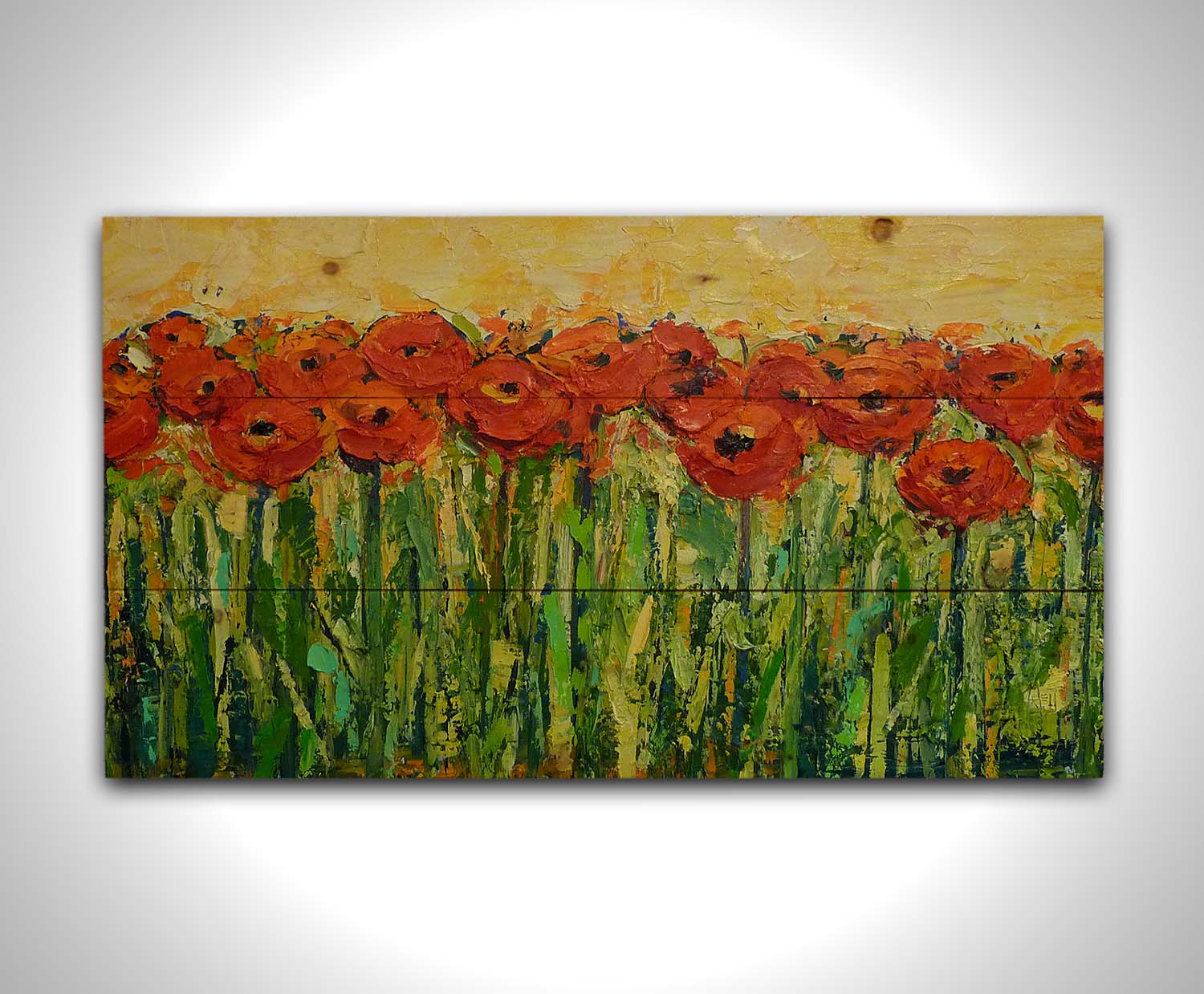 A painting of a field of red flowers, created with visible brushstrokes and thick layers of paint to add movement and texture to the piece. Printed on a wood pallet.