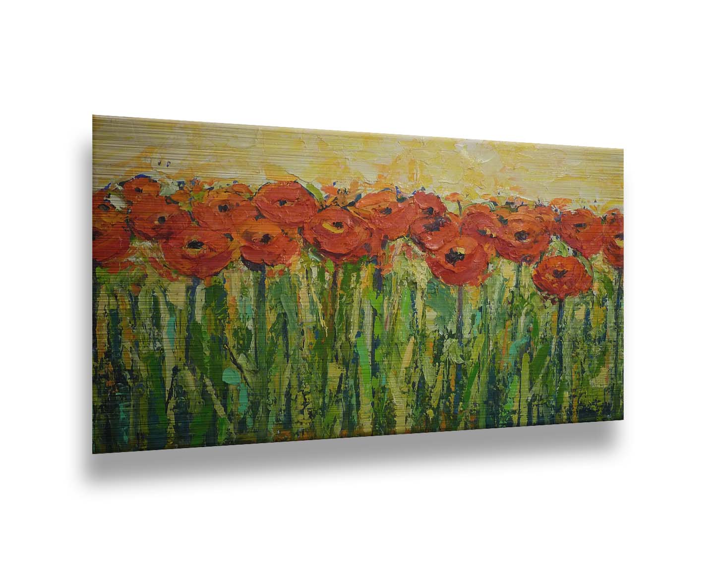 A painting of a field of red flowers, created with visible brushstrokes and thick layers of paint to add movement and texture to the piece. Printed on metal.