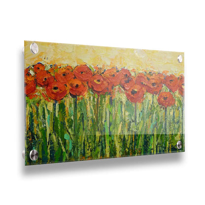 A painting of a field of red flowers, created with visible brushstrokes and thick layers of paint to add movement and texture to the piece. Printed on acrylic.