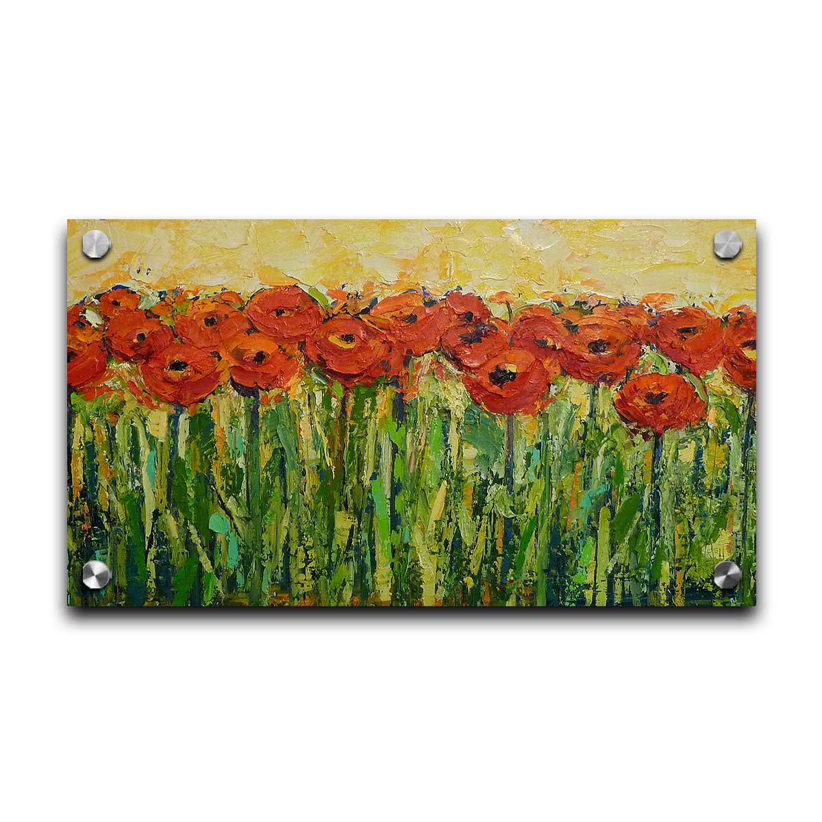 A painting of a field of red flowers, created with visible brushstrokes and thick layers of paint to add movement and texture to the piece. Printed on acrylic.