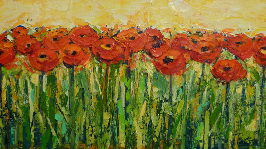 A painting of a field of red flowers, created with visible brushstrokes and thick layers of paint to add movement and texture to the piece.
