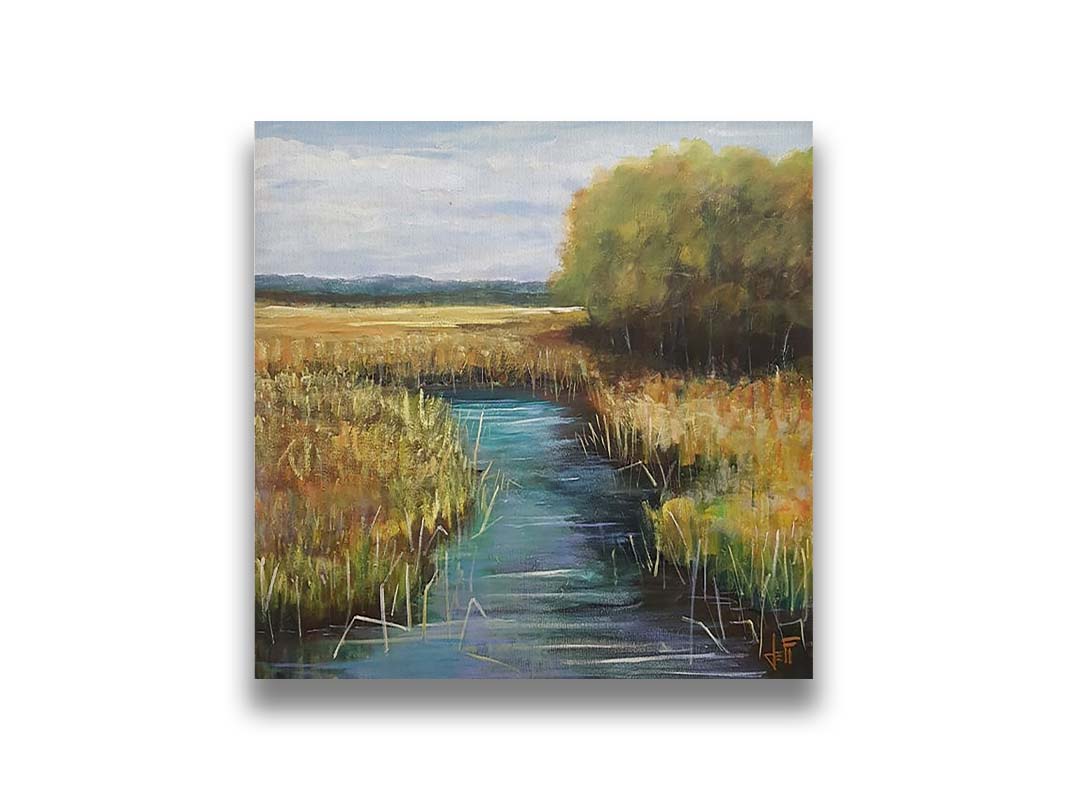 A painting of a stream running through fields of yellow grasses, with clusters of trees to one side. Printed on canvas.