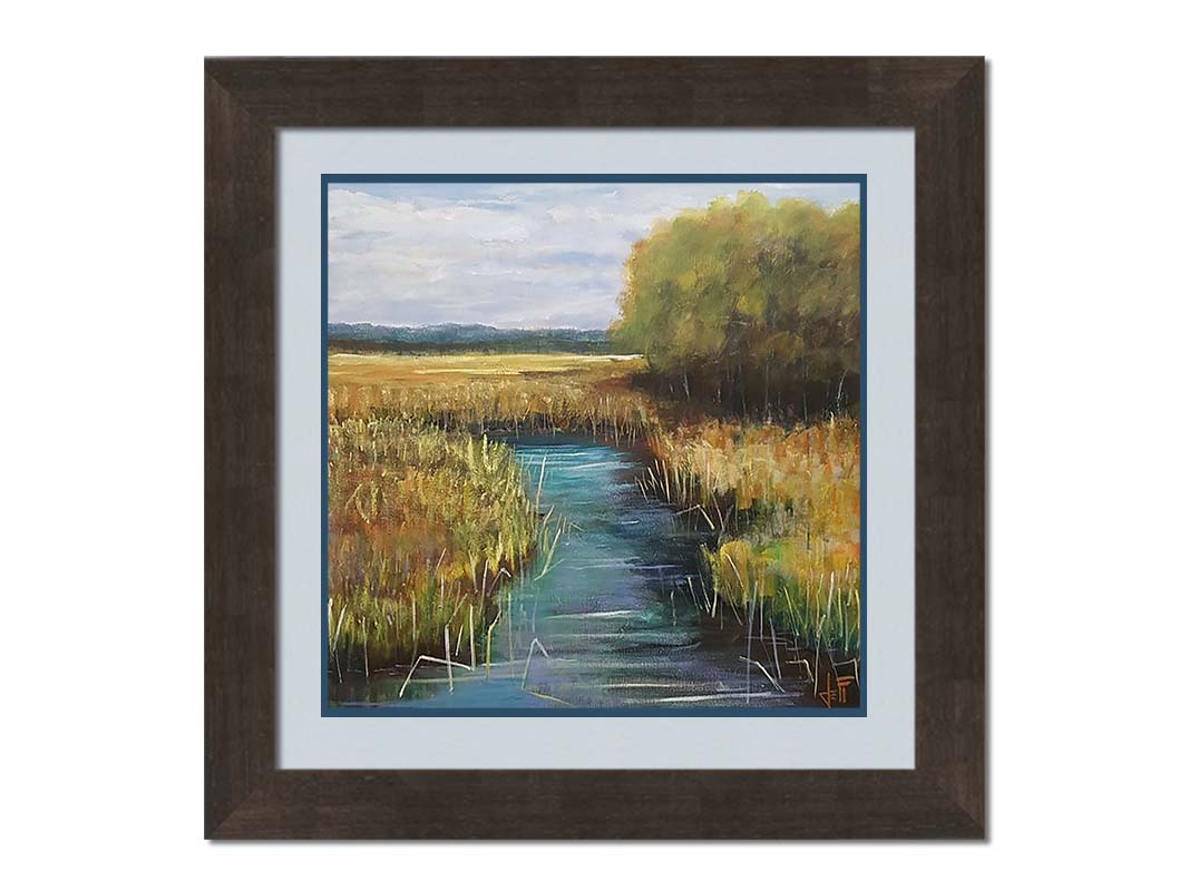 A painting of a stream running through fields of yellow grasses, with clusters of trees to one side. Printed on paper, matted, and framed.