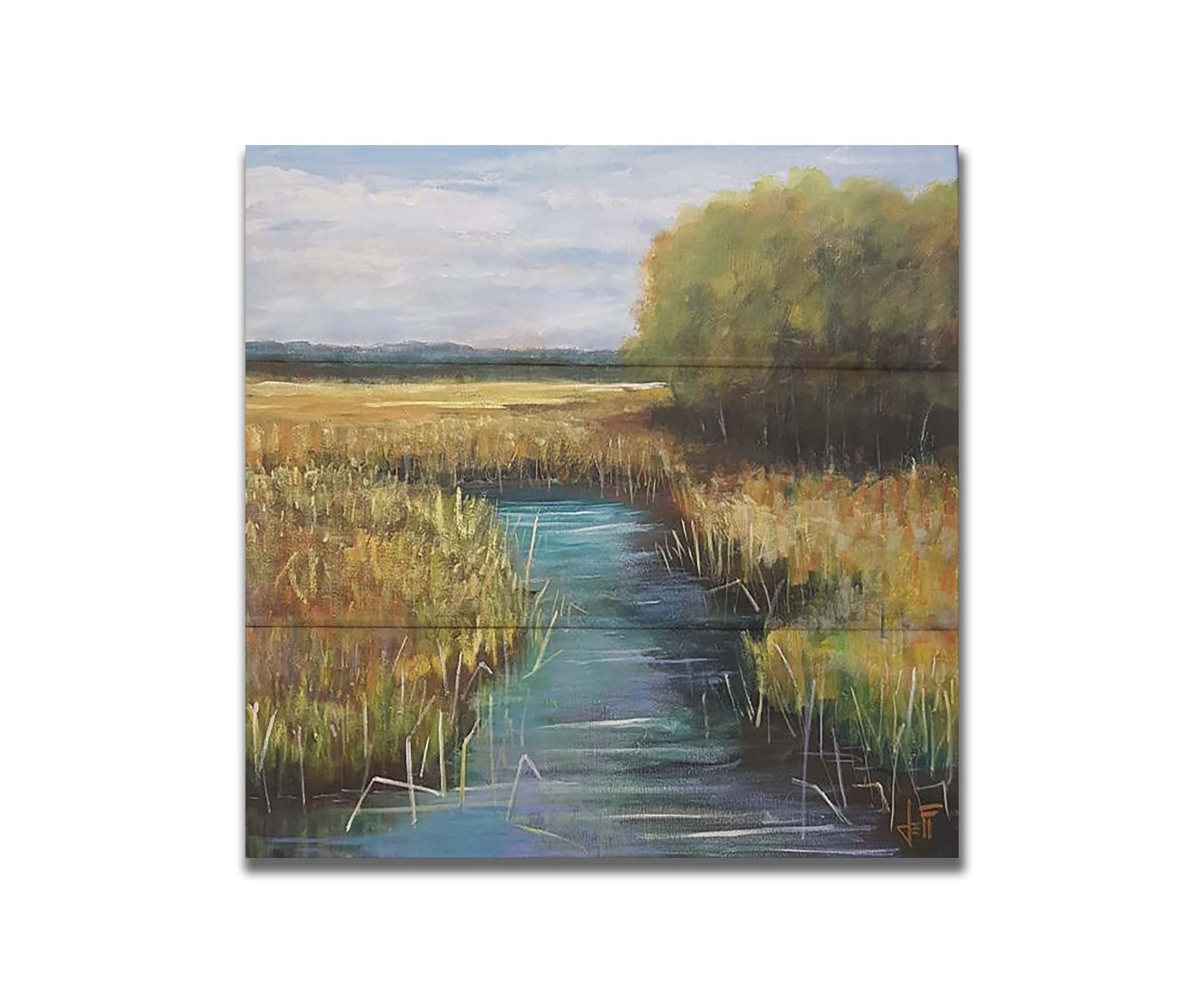 A painting of a stream running through fields of yellow grasses, with clusters of trees to one side. Printed on a box board.