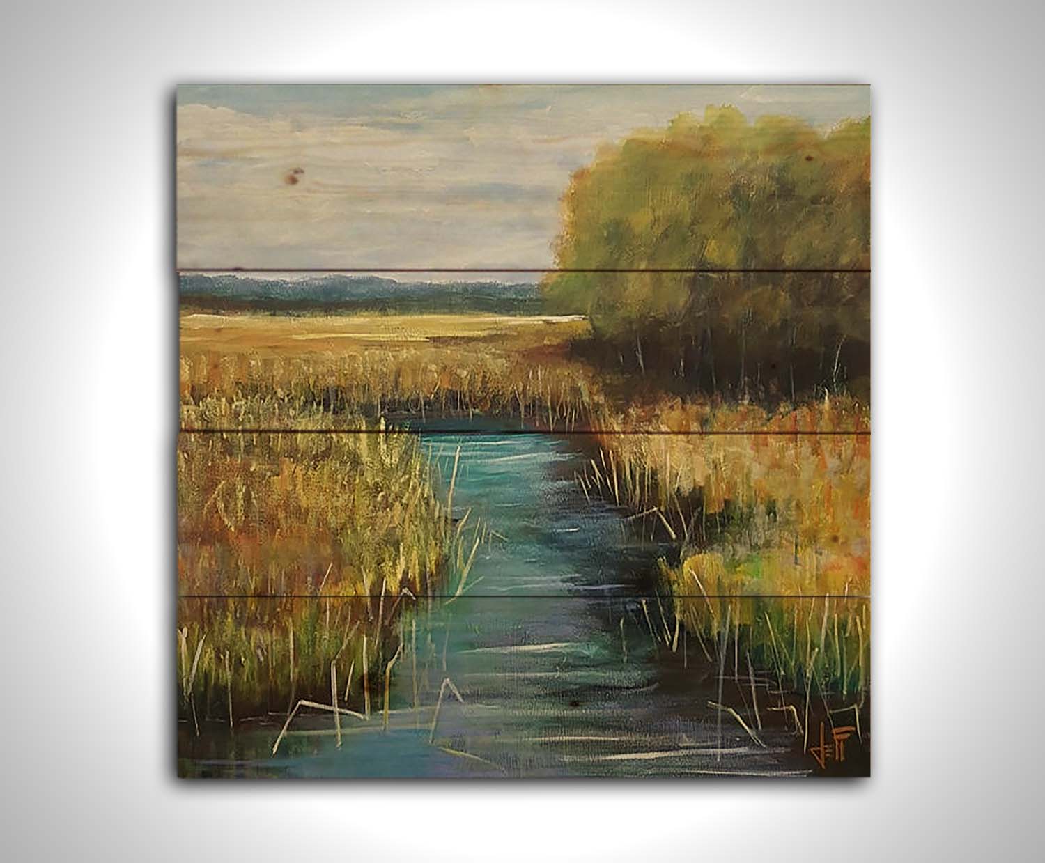 A painting of a stream running through fields of yellow grasses, with clusters of trees to one side. Printed on a wood pallet.