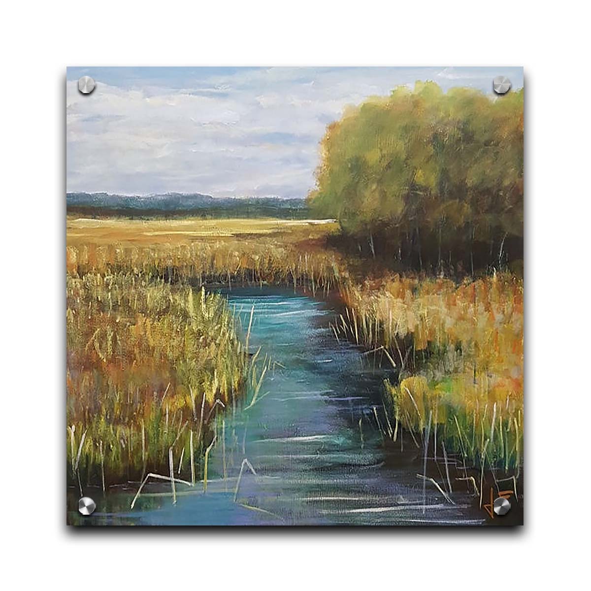 A painting of a stream running through fields of yellow grasses, with clusters of trees to one side. Printed on acrylic.