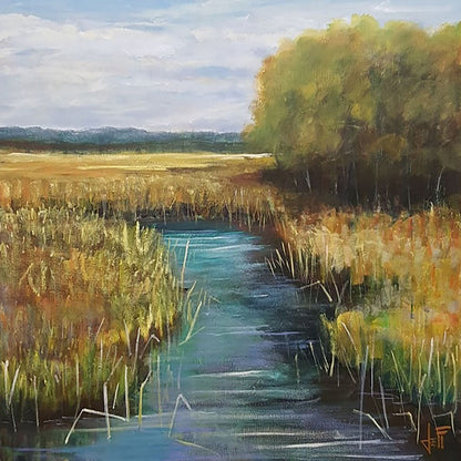 A painting of a stream running through fields of yellow grasses, with clusters of trees to one side.