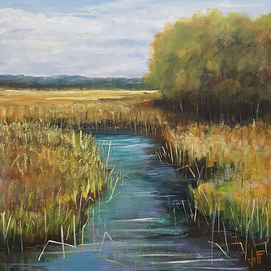 A painting of a stream running through fields of yellow grasses, with clusters of trees to one side.