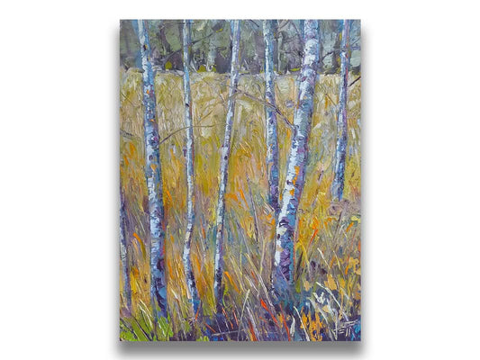 A painting of birch trunks growing surrounded by yellow grasses of fall. Printed on canvas.