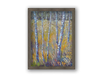 A painting of birch trunks growing surrounded by yellow grasses of fall. Printed on canvas and framed.