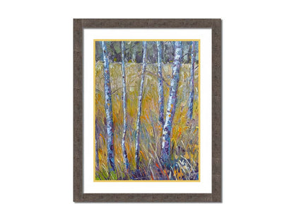 A painting of birch trunks growing surrounded by yellow grasses of fall. Printed on paper, matted, and framed.