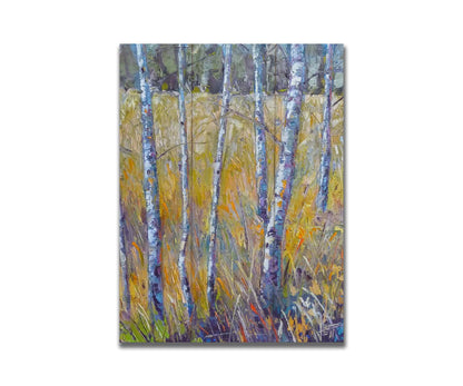 A painting of birch trunks growing surrounded by yellow grasses of fall. Printed on a box board.