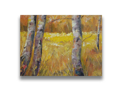 A painting of gray tree trunks among golden yellow grass. The forest in the distance have orange leaves for fall. Printed on canvas.