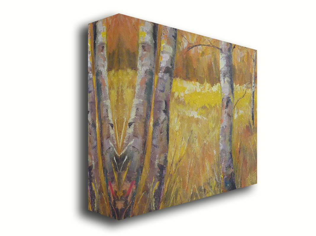 A painting of gray tree trunks among golden yellow grass. The forest in the distance have orange leaves for fall. Printed on canvas.