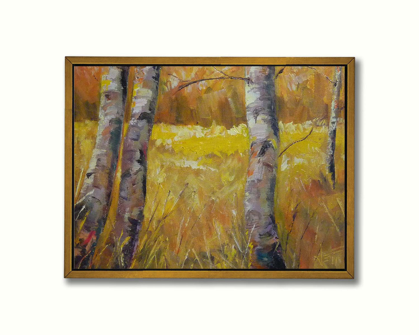 A painting of gray tree trunks among golden yellow grass. The forest in the distance have orange leaves for fall. Printed on canvas in a float frame.