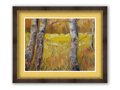 A painting of gray tree trunks among golden yellow grass. The forest in the distance have orange leaves for fall. Printed on paper, matted, and framed.