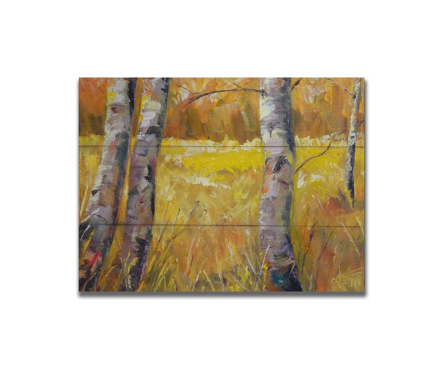 A painting of gray tree trunks among golden yellow grass. The forest in the distance have orange leaves for fall. Printed on a box board.