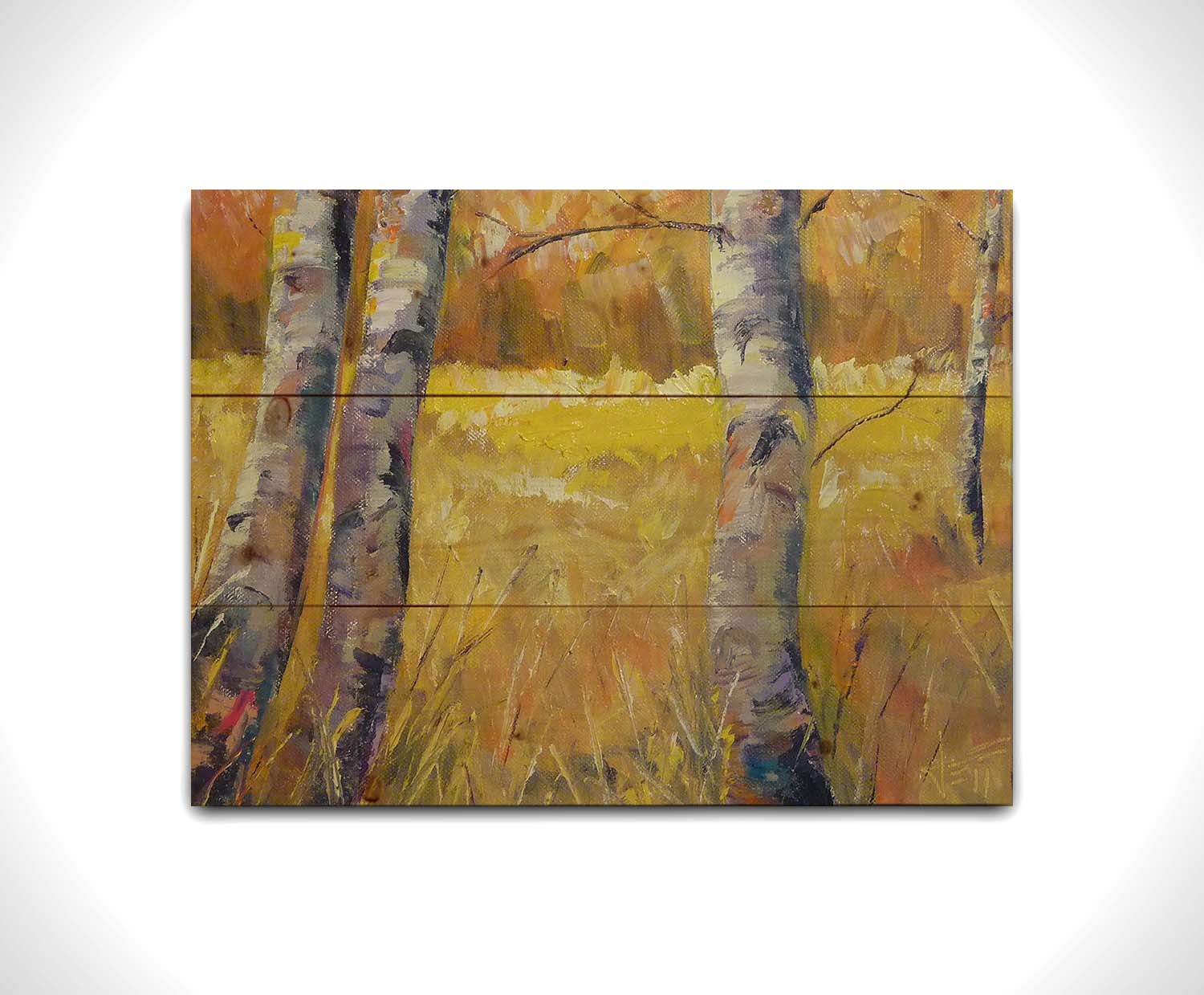 A painting of gray tree trunks among golden yellow grass. The forest in the distance have orange leaves for fall. Printed on a wood pallet.